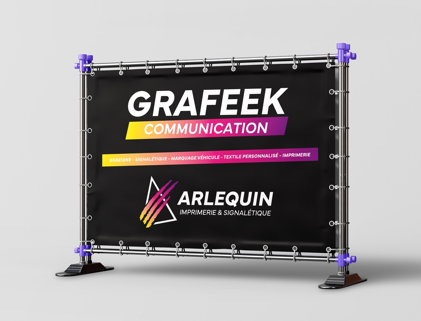 Mock-up de bâche de Grafeek Communication / Imprimerie Arlequin, spécialistes de la signalétique personnalisée à Dommartin-lès-Toul